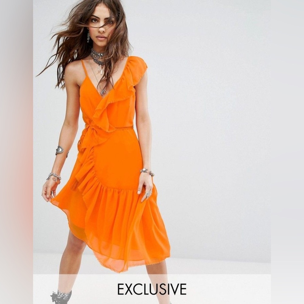 Asos Sacred Hawk Festival Wrap Front Cami Dress with Asymmetric Ruffle Trim